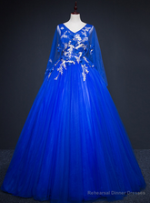 Come In All Styles And Colors Royal Blue Ball Gown Tulle V-neck Appliques Quinceanera Dress